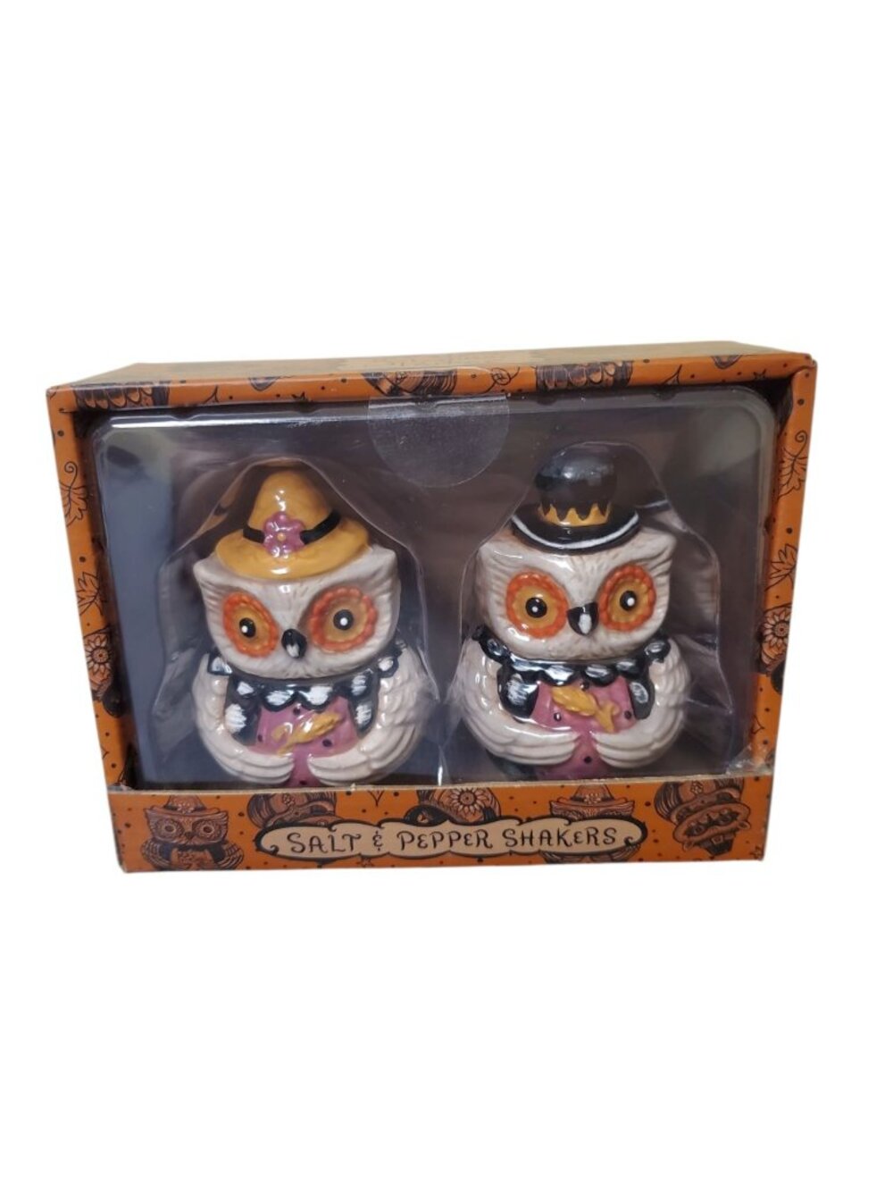 Johanna Parker Vintage Fall Harvest Retro Ceramic Owl Salt & Pepper Shakers NEW